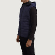 
Blue Full-Grain leather Vest - Vista posterior con hombros definidos y bajo impecable
