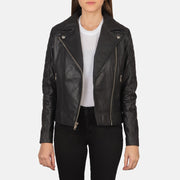 Women's Carolyn Quilted Black Biker Jacket in Black Goatskin Leather - Vista frontal y silueta a medida | Comprar online