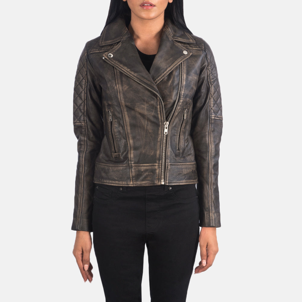 
Vista de detalle of Notch & Zipper Hardware on Carolyn Quilted Distressed Brown Biker Jacket