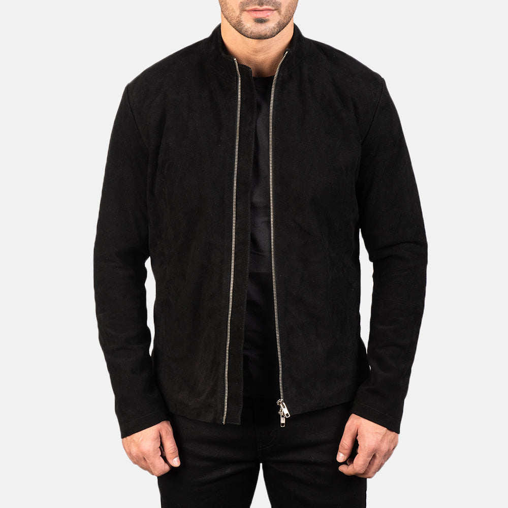 Men's Charcoal Negro Suede Chaqueta Biker de Cuero para Hombre in Black Goatskin Suede - Vista frontal y silueta a medida | Comprar online