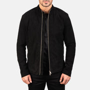 Men's Charcoal Negro Suede Chaqueta Biker de Cuero para Hombre in Black Goatskin Suede - Vista frontal y silueta a medida | Comprar online