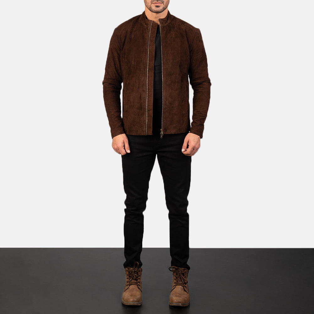 Men's Charcoal Mocha Suede Chaqueta Biker de Cuero para Hombre - Vista de perfil lateral con corte ergonómico de manga