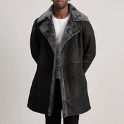 Charles Brown Suede Leather Shearling Double-Breasted Coat in Brown Goatskin Suede - Vista frontal y silueta a medida | Comprar online