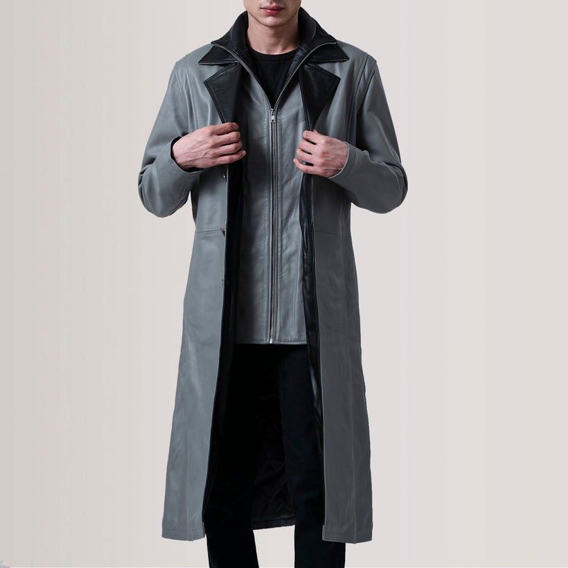 Charlton Gris Leather Single Breasted Abrigo de Cuero para Hombre