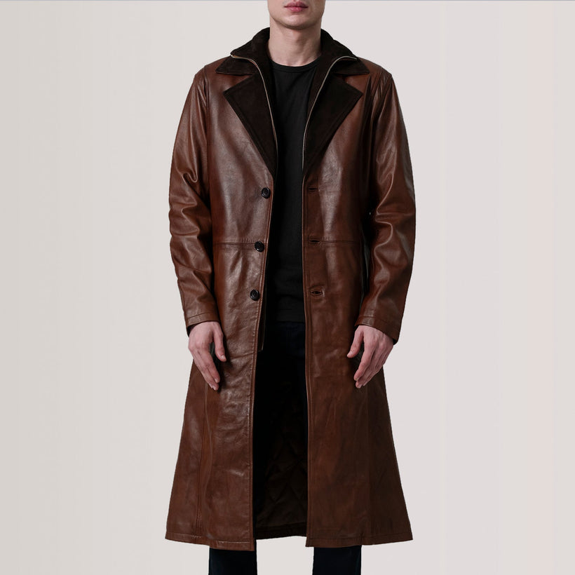 Charlton Waxed Marrón Leather Single Breasted Abrigo de Cuero para Hombre