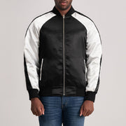 Clarke Negro Varsity Chaqueta de Cuero para Hombre in Black &amp; White Satin - Vista frontal y silueta a medida | Comprar online