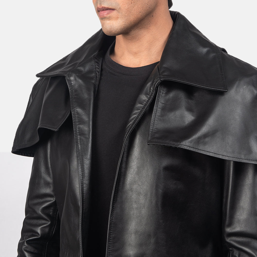 Detalle de cerca of Classic Collar &amp; Heavy-Duty Zipper Hardware on Men's Classic Negro Leather Duster para Hombre
