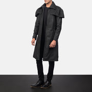 
Distressed Black Sheepskin Snuffed Trench Coat - Vista posterior con hombros definidos y bajo impecable