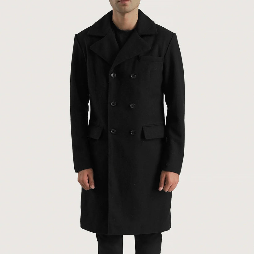 Claud Negro Wool Double-Breasted Abrigo de Cuero para Hombre