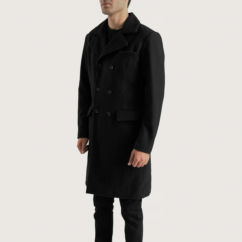 Claud Negro Wool Double-Breasted Abrigo de Cuero para Hombre