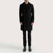Men's Claud Black Wool Double Breasted Coat - Vista de perfil lateral con corte ergonómico de manga