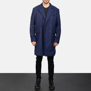 Men's Blue Wool Double Breasted Coat in Navy Blue Synthetic Wool - Vista frontal y silueta a medida | Comprar online