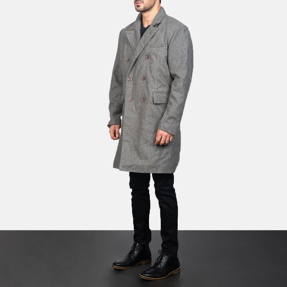 
Grey Synthetic Wool Trench Coat - Vista posterior con hombros definidos y bajo impecable