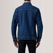 Detalle de cerca of Classic Collar &amp; Heavy-Duty Zipper Hardware on Conard Dark Azul Denim Trucker Chaqueta de Cuero para Hombre For Men