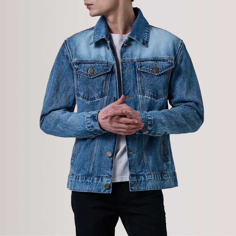 Conard Ice Azul Denim Trucker Chaqueta de Cuero para Hombre