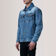 
Conard Ice Azul Denim Trucker Chaqueta de Cuero para Hombre For Men - Vista lateral mostrando el corte ergonómico de mangas