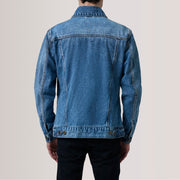 
Vista de detalle of Classic Collar & Heavy-Duty Zipper Hardware on Conard Ice Azul Denim Trucker Chaqueta de Cuero para Hombre For Men
