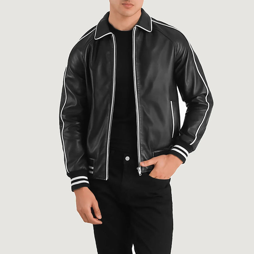 Cooper Negro Leather Varsity Chaqueta de Cuero para Hombre