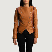 Women's County Tostado Overlap Chaqueta de Cuero para Mujer in Tan Brown Sheepskin Leather - Vista frontal y silueta a medida | Comprar online