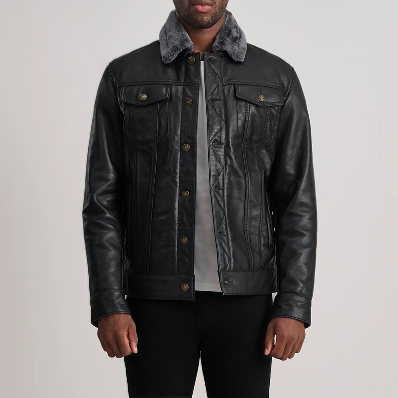 Dallis Negro Leather Shearling Trucker Chaqueta de Cuero para Hombre