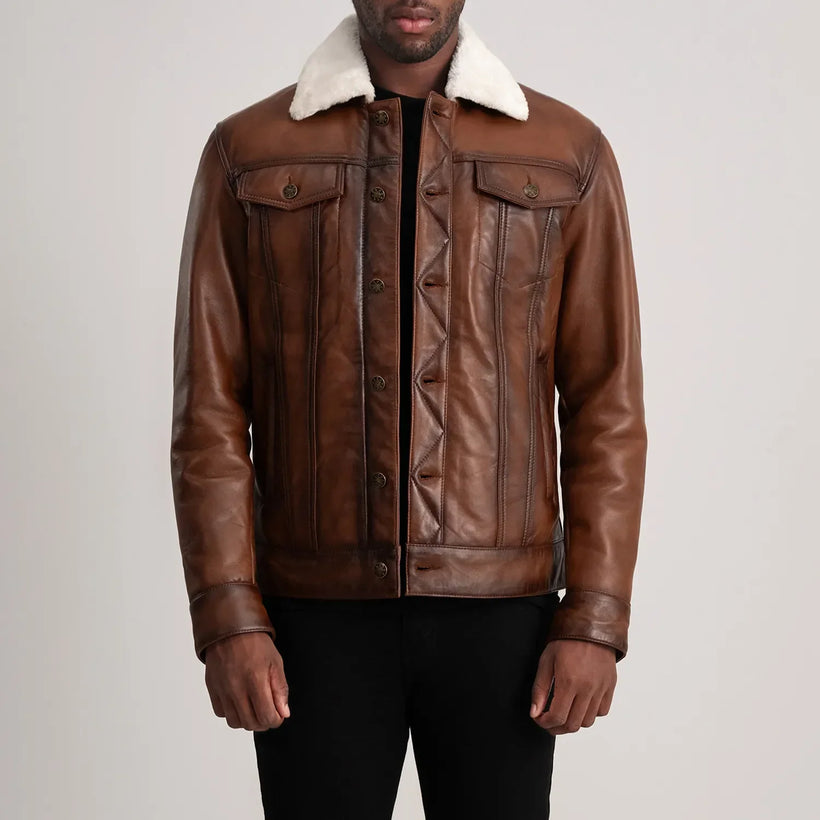 Dallis Marrón Leather Shearling Trucker Chaqueta de Cuero para Hombre