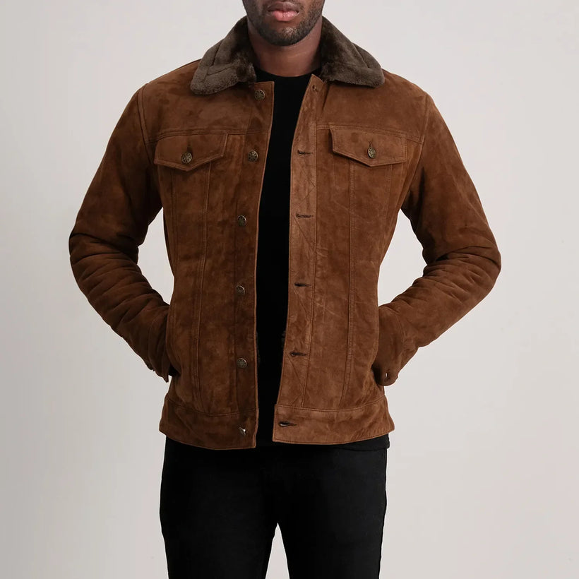 Dallis Marrón Suede Shearling Trucker Chaqueta de Cuero para Hombre