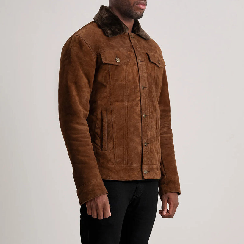 Dallis Marrón Suede Shearling Trucker Chaqueta de Cuero para Hombre