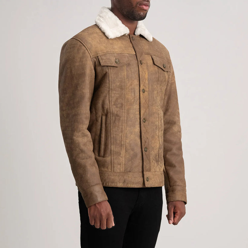 Dallis Efecto Envejecido Marrón Leather Shearling Trucker Chaqueta de Cuero para Hombre