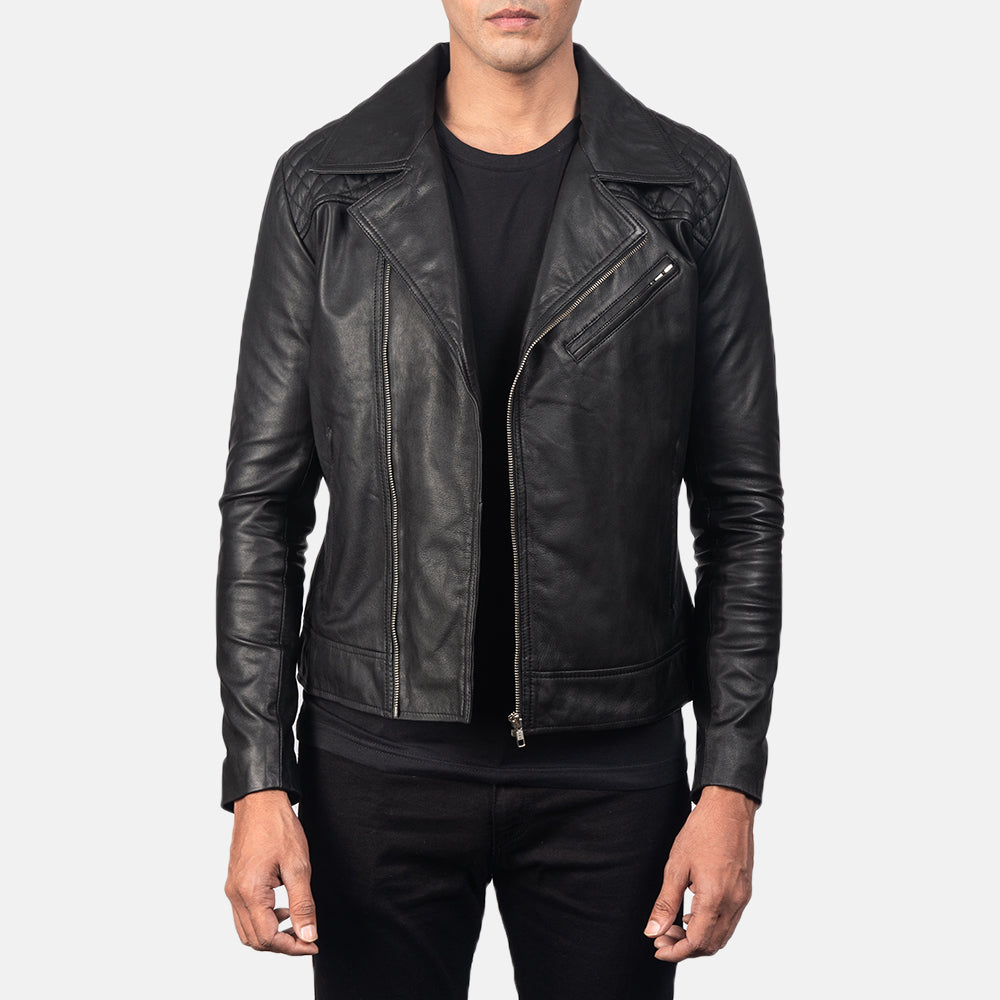 Men's Danny Quilted Brown Leather Biker Jacket in Distressed Brown Goatskin Leather - Vista frontal y silueta a medida | Comprar online