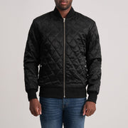 Danson Acolchado Negro Varsity Chaqueta de Cuero para Hombre in Black Satin - Vista frontal y silueta a medida | Comprar online