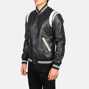 
Black & White Sheepskin Leather Varsity Jacket - Vista posterior con hombros definidos y bajo impecable