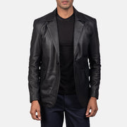 Detalle de cerca of Notch &amp; Button Hardware on Men's Daron Negro Blazer de Cuero de Cuero para Hombre