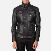 Men's Darren Black Leather Biker Jacket in Black 100% Full-Grain Leather - Vista frontal y silueta a medida | Comprar online