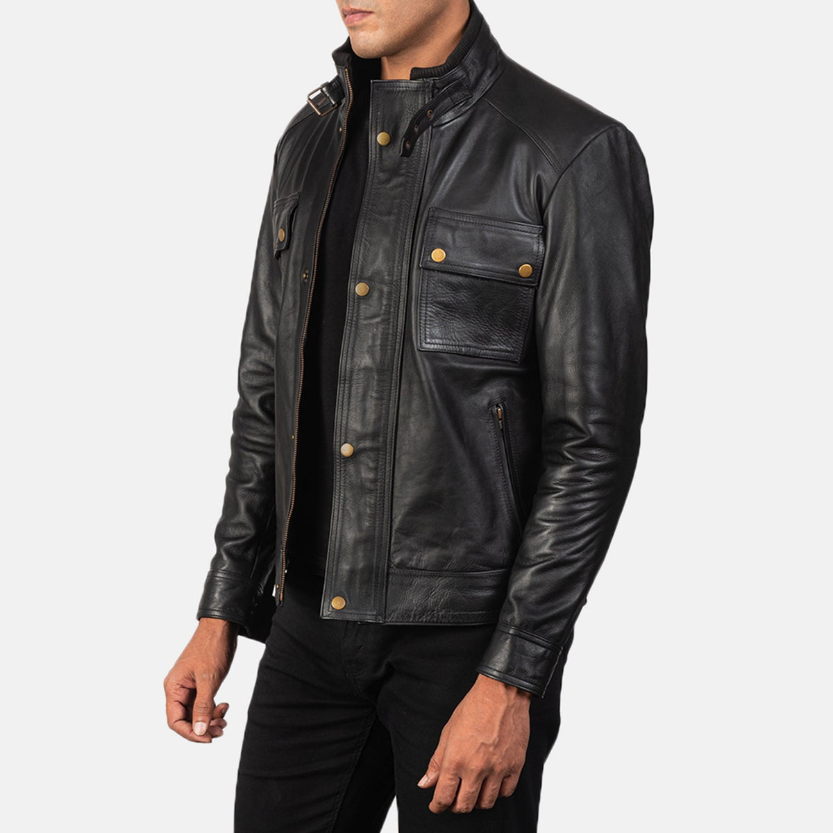 Black 100% Full-Grain Leather Biker Jacket - Vista trasera con ajuste entallado en hombros y bajo impecable