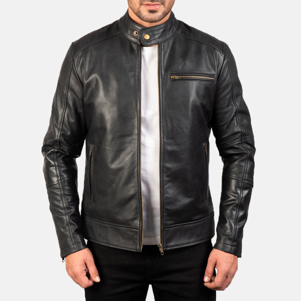 
Dean Negro Chaqueta Biker de Cuero para Hombre en cuero vacuno negro auténtico - Vista frontal y silueta entallada | Comprar online
