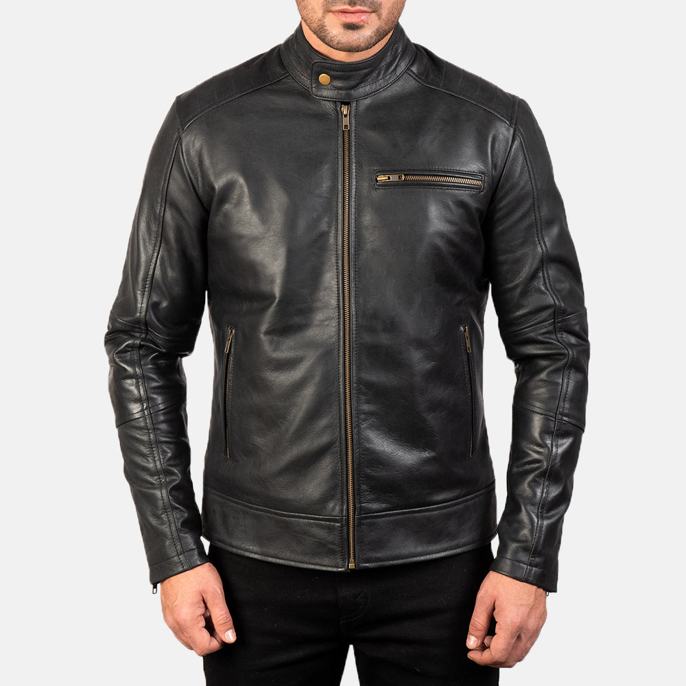 Close-Up Detail of Band with snap button & Zipper Hardware on Men's Dean Black Leather Biker Jacket