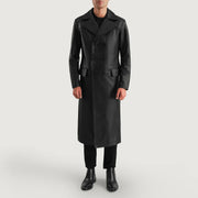 Delmar Black Leather Double Breasted Coat - Vista de perfil lateral con corte ergonómico de manga