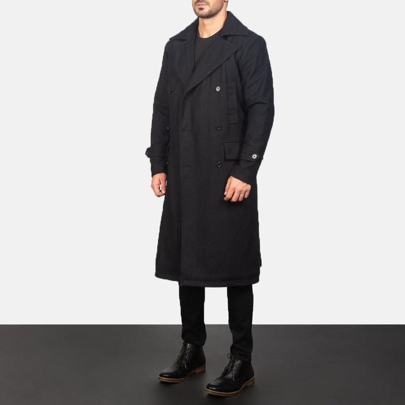 Detective Negro Wool Abrigo de Cuero para Hombre