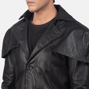 
Vista de detalle of Classic Collar & Buttons + Belt Hardware on Deux Negro Leather Duster para Hombre