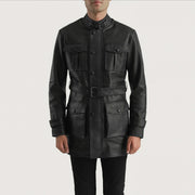 Detalle de cerca of High neck with Belt &amp; Snap button Hardware on Dolf Negro Chaqueta de Cuero para Hombre