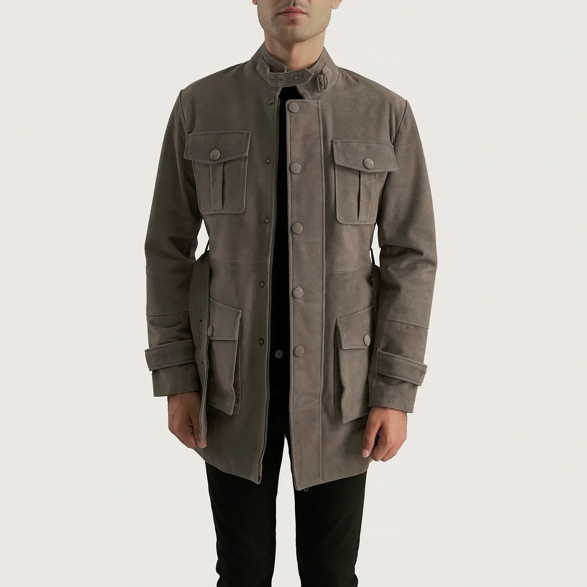 Dolf Gris Chaqueta de Gamuza para Hombre in Grey Cowhide Suede - Vista frontal y silueta a medida | Comprar online