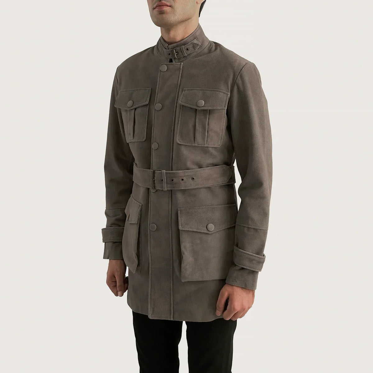Grey Cowhide suede Jacket - Vista trasera con ajuste entallado en hombros y bajo impecable