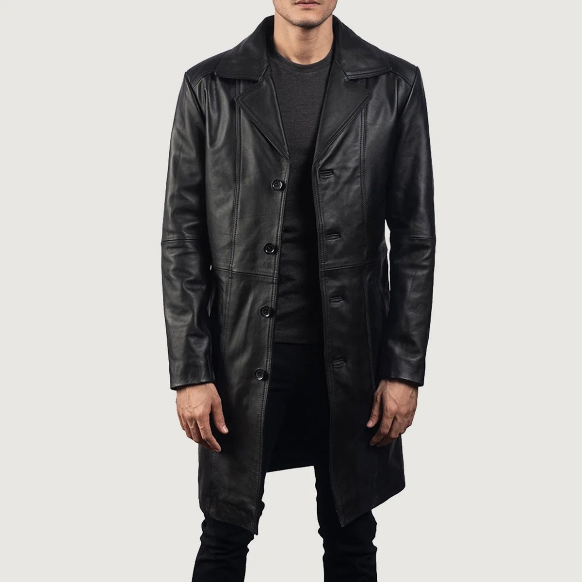 Men's Don Long Negro Abrigo de Cuero para Hombre in Black Cowhide Leather - Vista frontal y silueta a medida | Comprar online