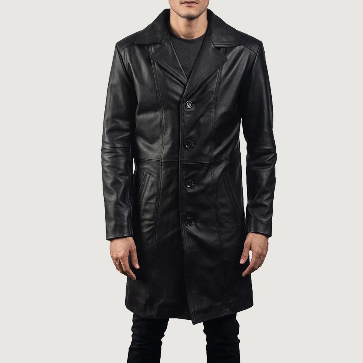 Men's Don Long Negro Abrigo de Cuero para Hombre - Vista de perfil lateral con corte ergonómico de manga