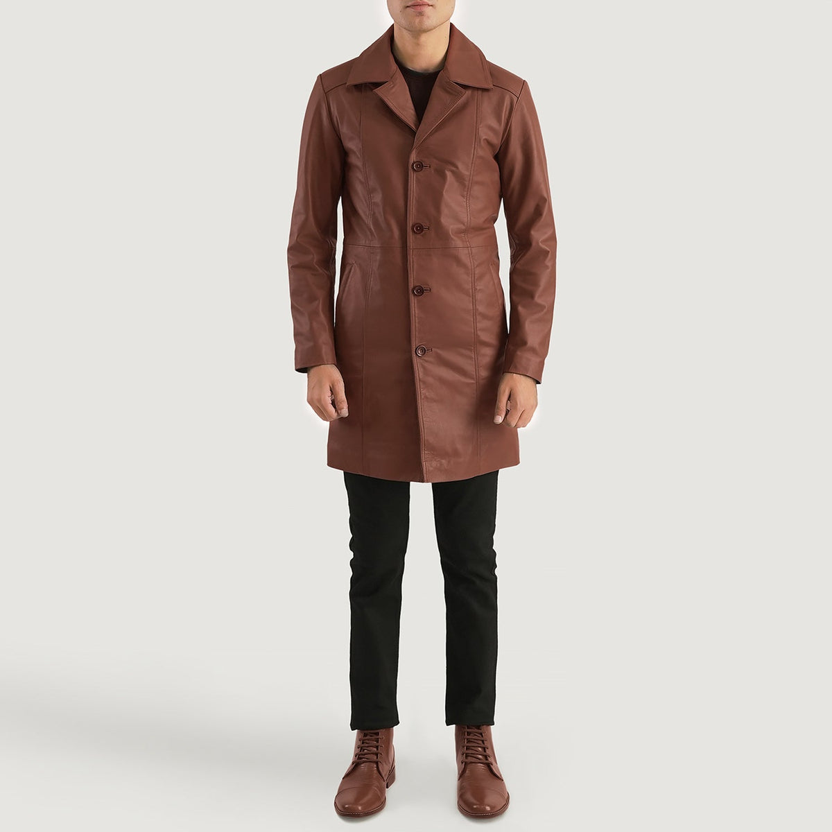 Don Long Marrón Abrigo de Cuero para Hombre - Vista de perfil lateral con corte ergonómico de manga