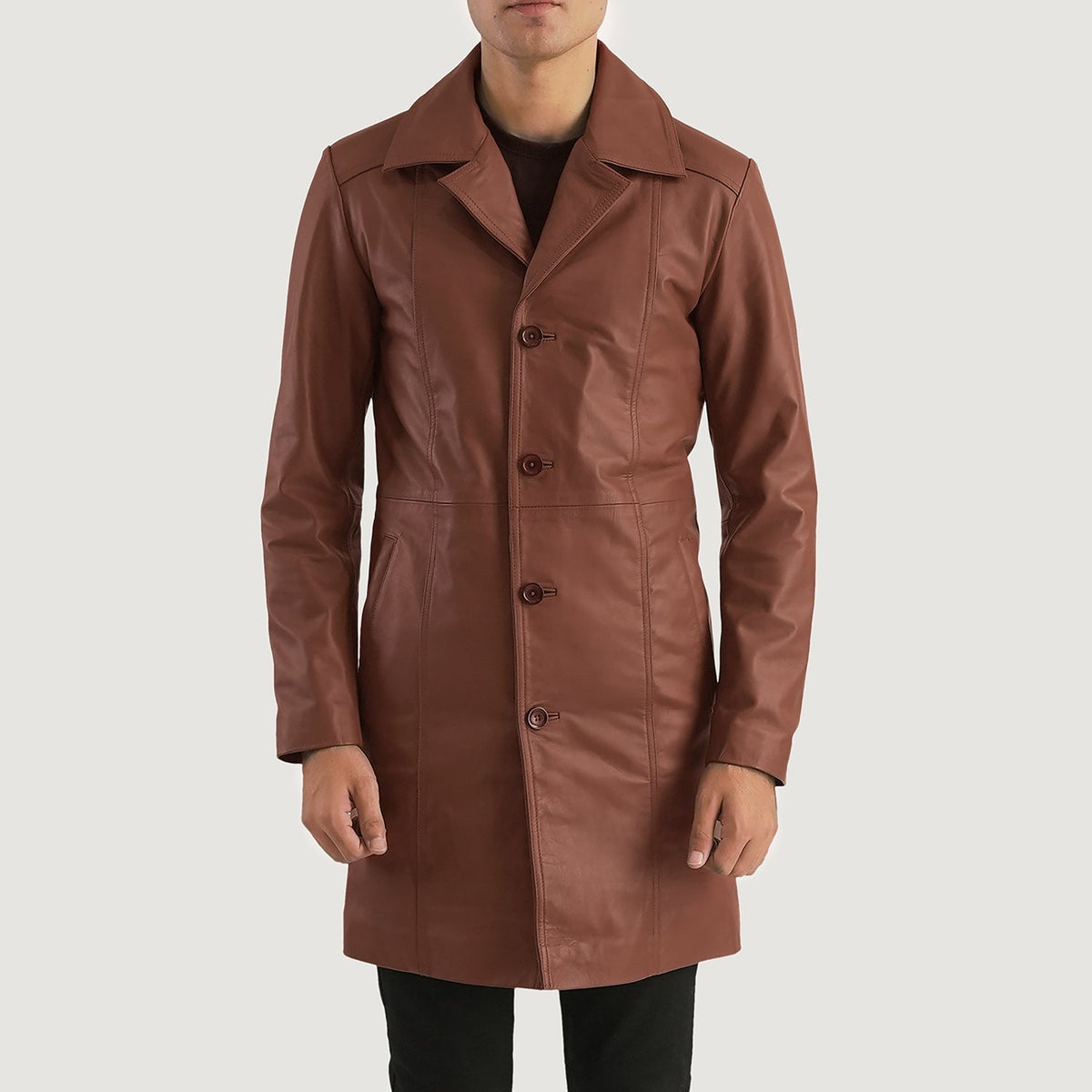 Detalle de cerca of Notch &amp; Button Hardware on Don Long Marrón Abrigo de Cuero para Hombre
