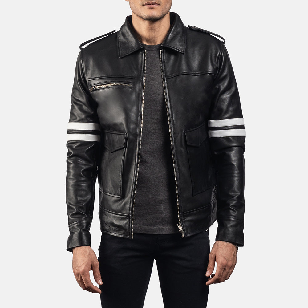 Dragonhide Negro Chaqueta de Cuero para Hombre - Vista de perfil lateral con corte ergonómico de manga