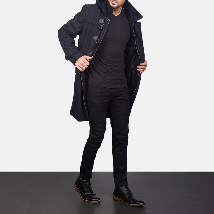 Drake Negro Wool Hooded Duffle Abrigo de Cuero para Hombre