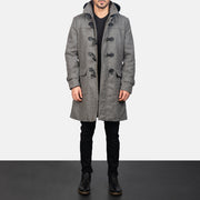 Detalle de cerca of Shirt with Removable Hood &amp; Toggle Buttons with Placket &amp; Zipper Hardware on Men's Grey Wool Duffle Coat