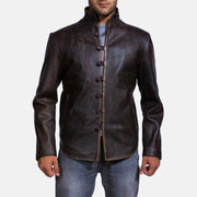 Men's Drakeshire Marrón Chaqueta de Cuero para Hombre in Distressed Brown Goatskin Leather - Vista frontal y silueta a medida | Comprar online